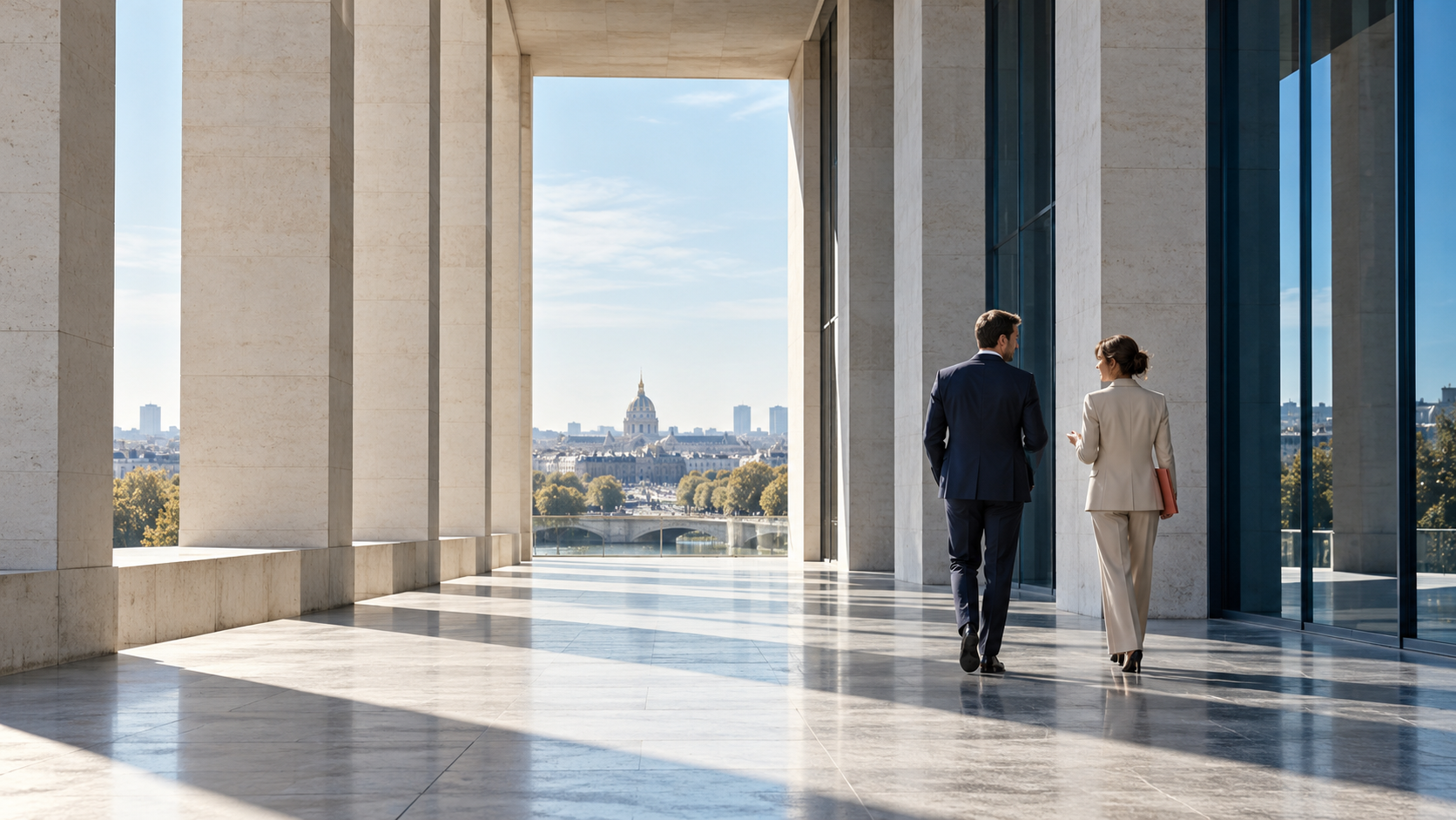 Deux personnes échangent dans un lieu de travail lumineux, avec Paris en arrière-plan.
